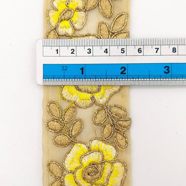 Yellow and Gold Floral Embroidery Trimming, Embroidered Roses Flowers Trim, Sheer Fabric Lace